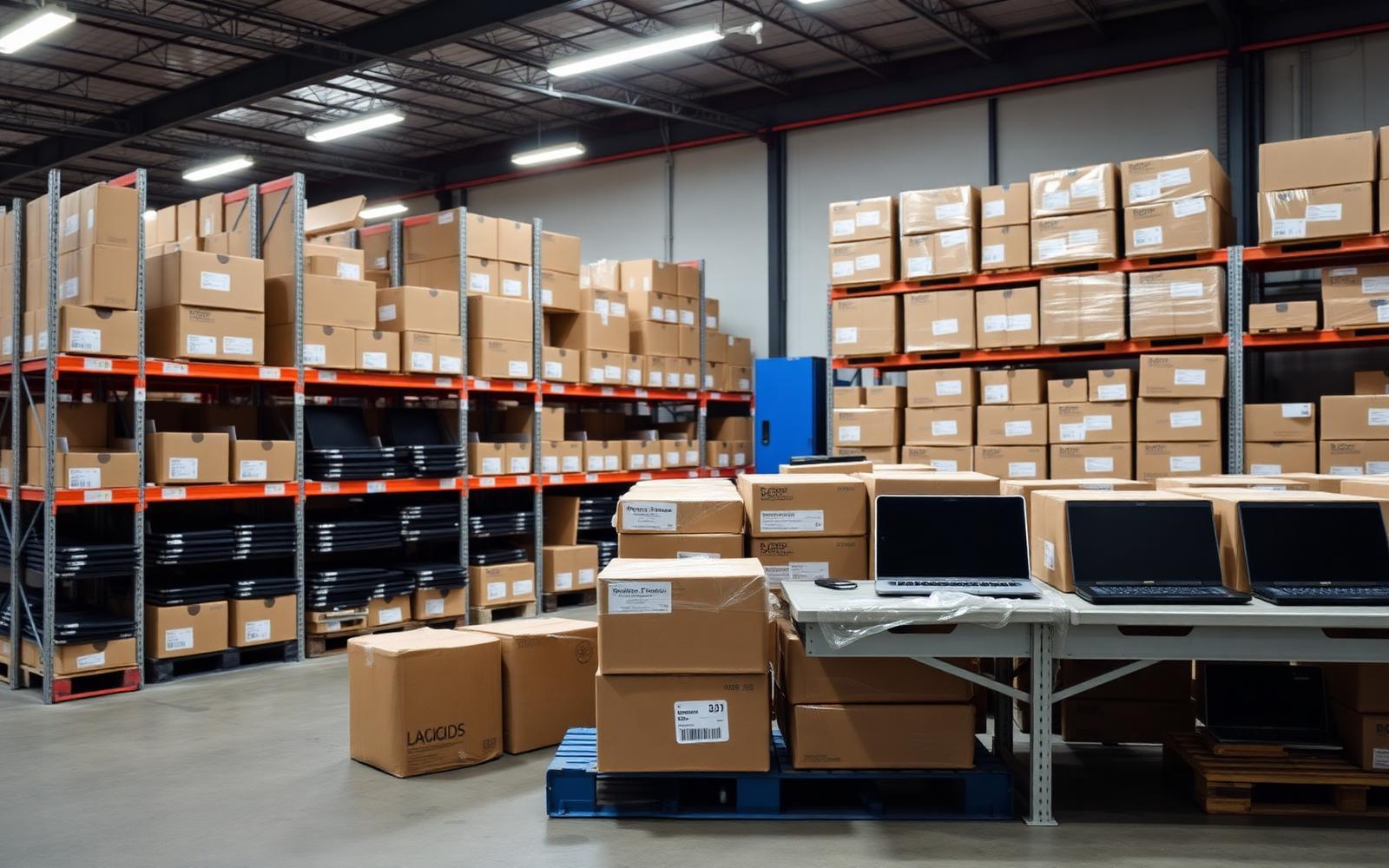 Secure laptop logistics warehouse with staged and packed devices