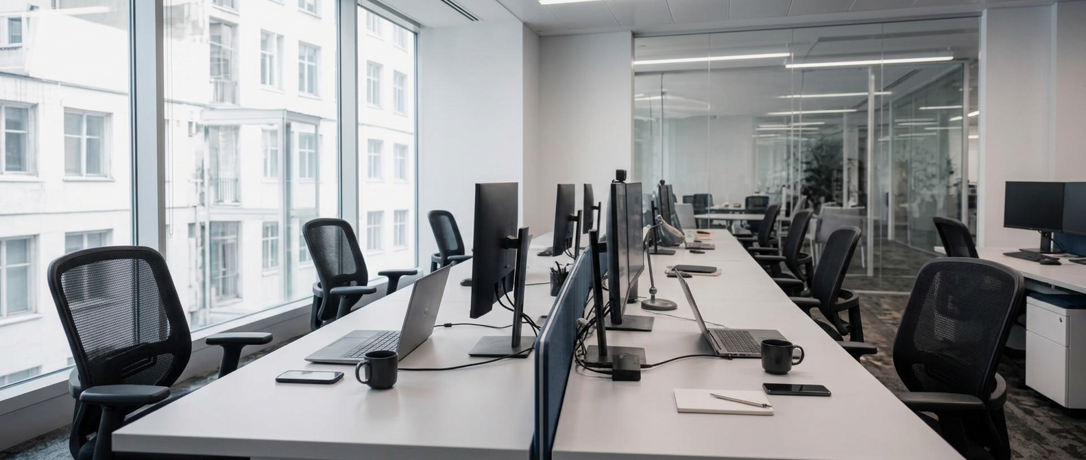 Employees working on business laptops and docked monitors in a modern enterprise office