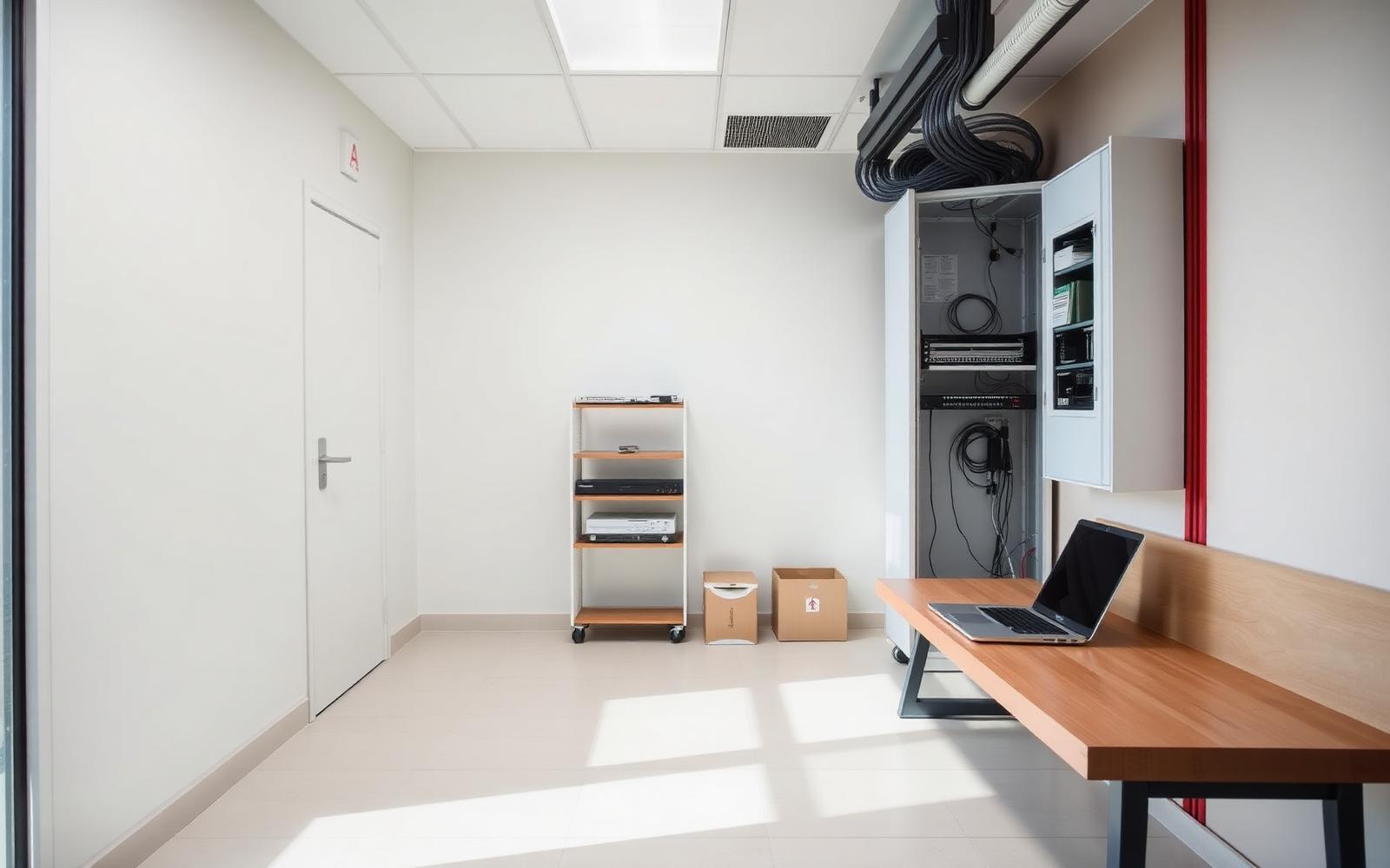 Store back-office IT cabinet with patch panel and support laptop