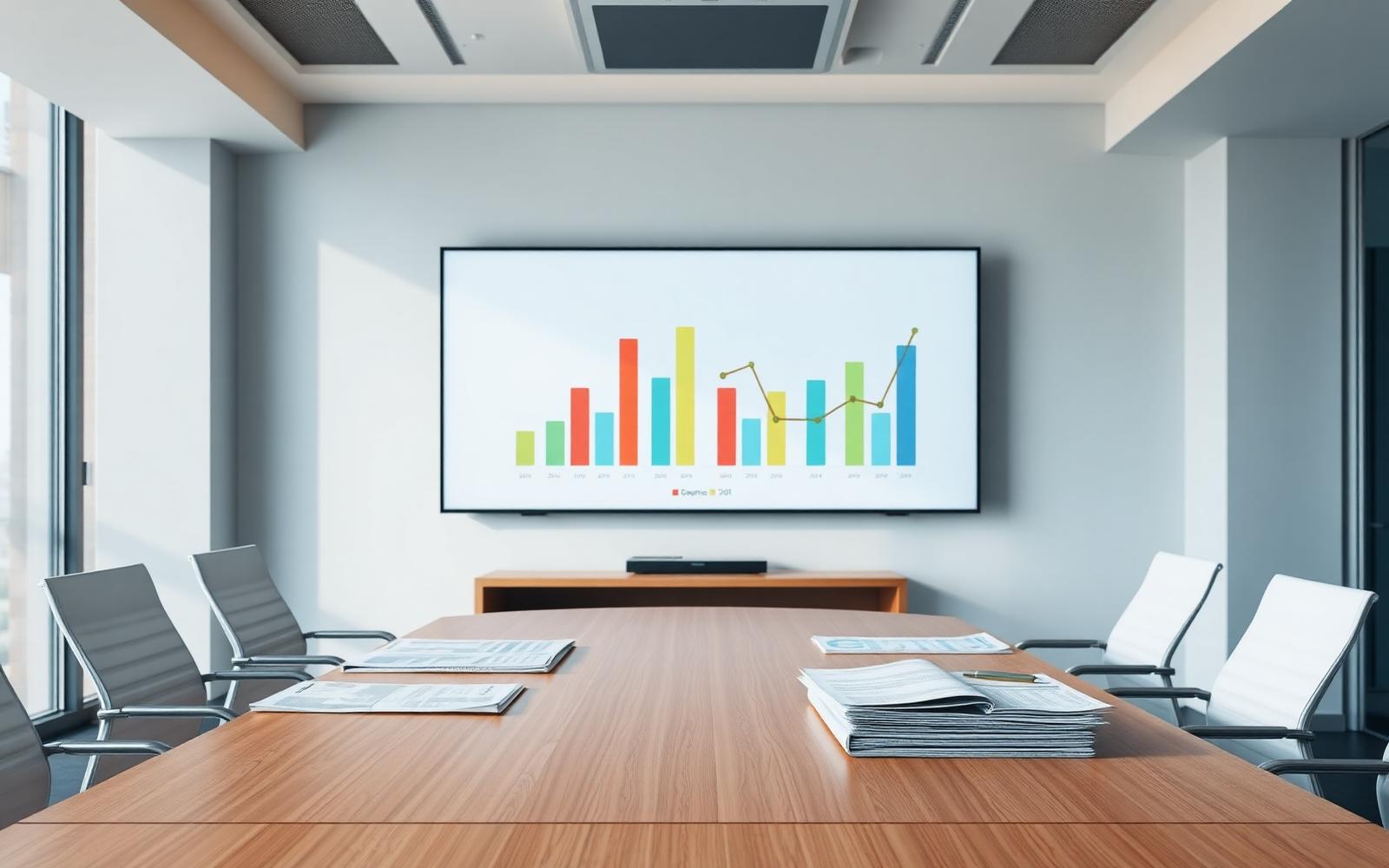 Boardroom set up for a service performance review with printed reports