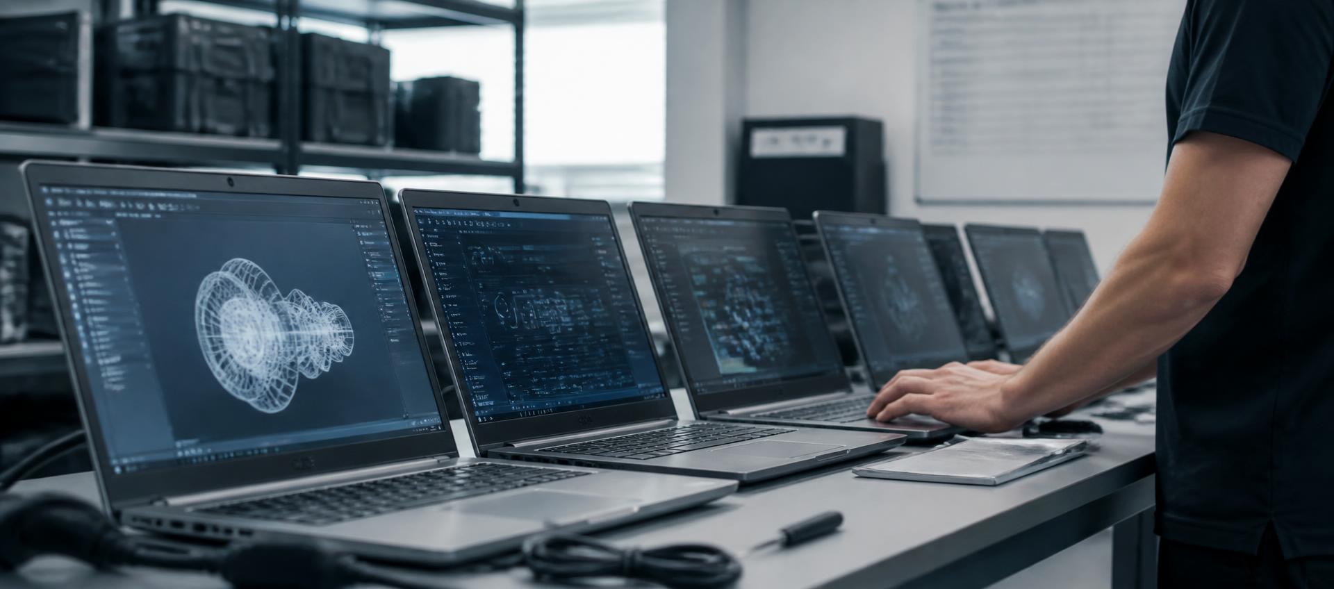Enterprise workstation laptops being configured and staged for deployment by an IT technician